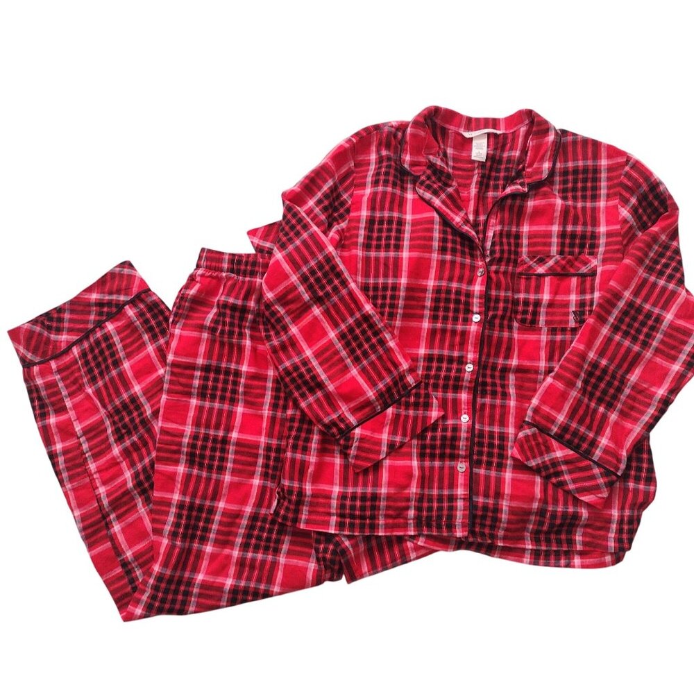 Victorias Secret Womens Classic Red Plaid Pajama Set M Soft Lightweight Flannel